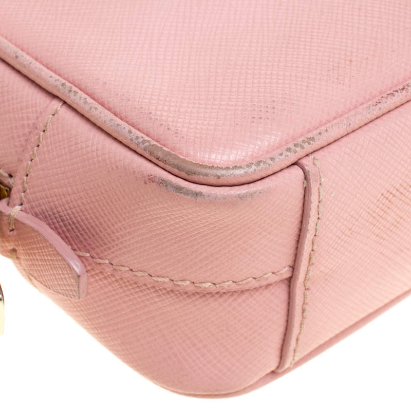 PRADA pink saffiano leather silver logo hardware small crossbody camera bag  at 1stDibs