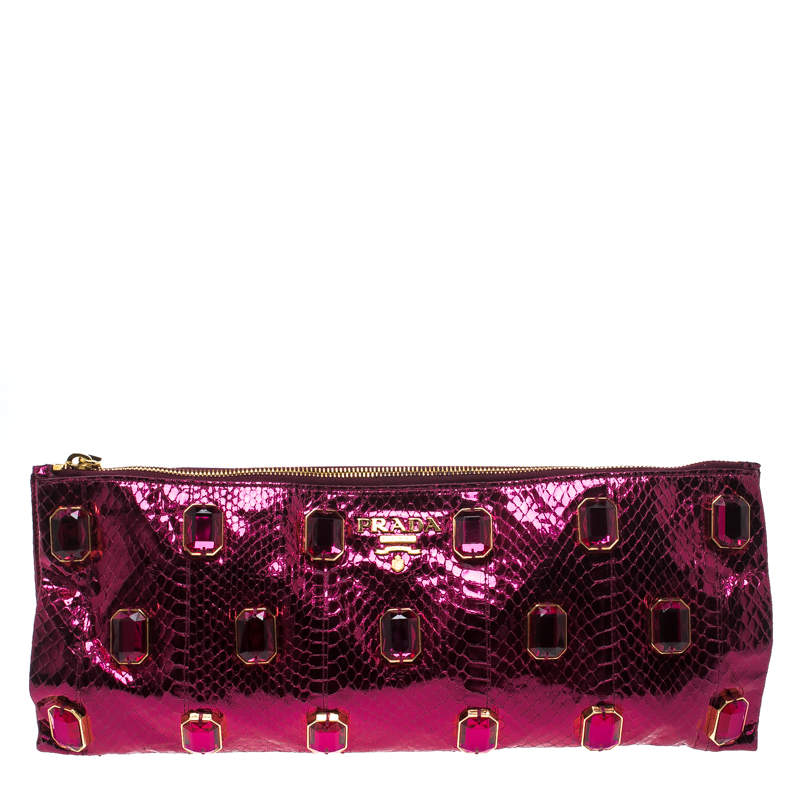 Pre Owned Prada Metallic Pink Python Whips Pietre Clutch