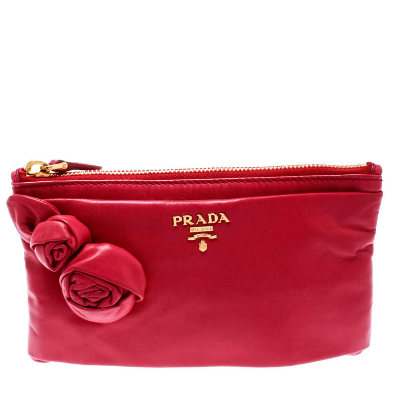 Pre Owned Prada Pink Leather Rose Applique Clutch