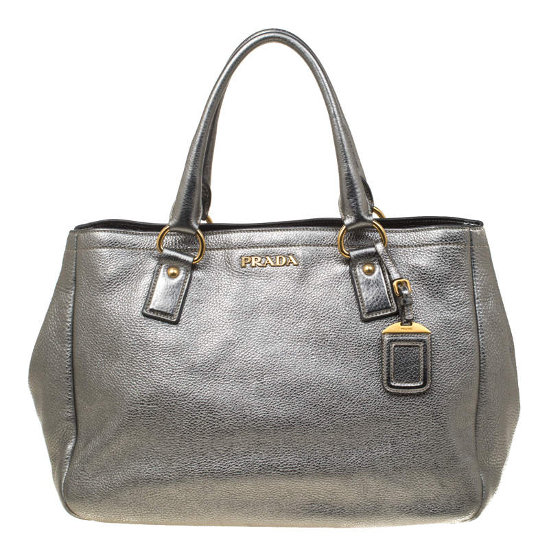 Pre Owned Prada Silver Leather Shopper Tote