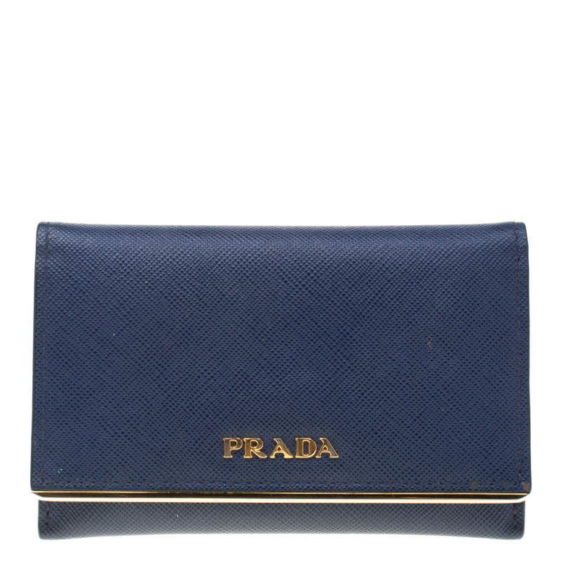 Pre Owned Prada Blue Saffiano Leather Flap Wallet