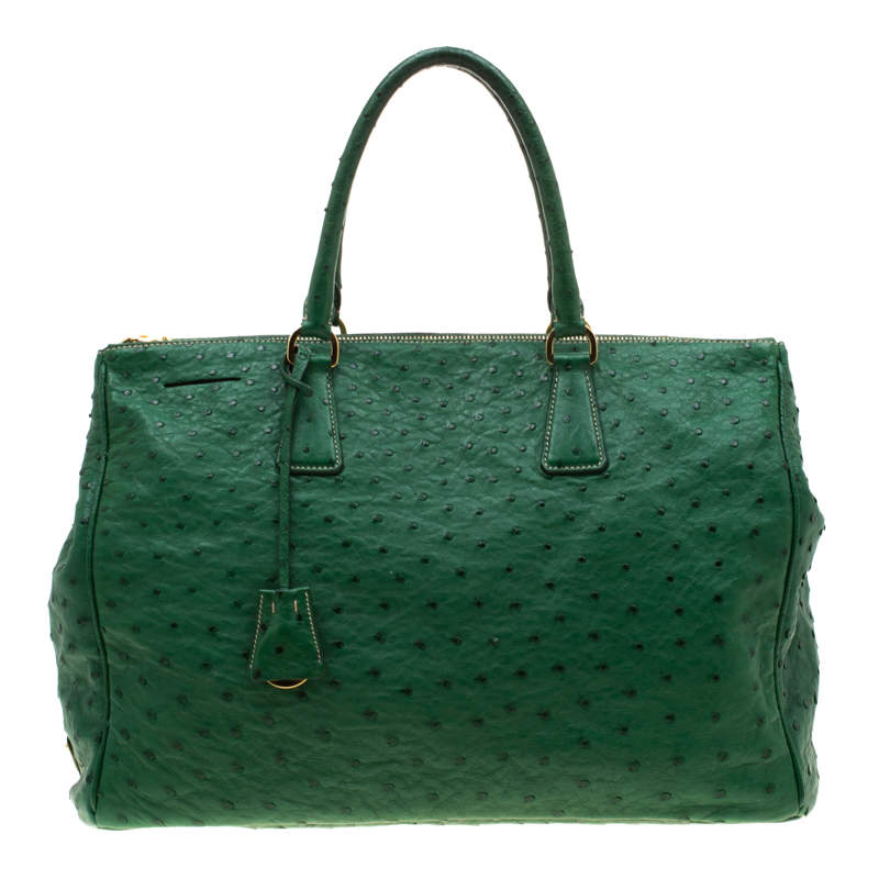 Pre Owned Prada Green Ostrich Large Double Zip Tote