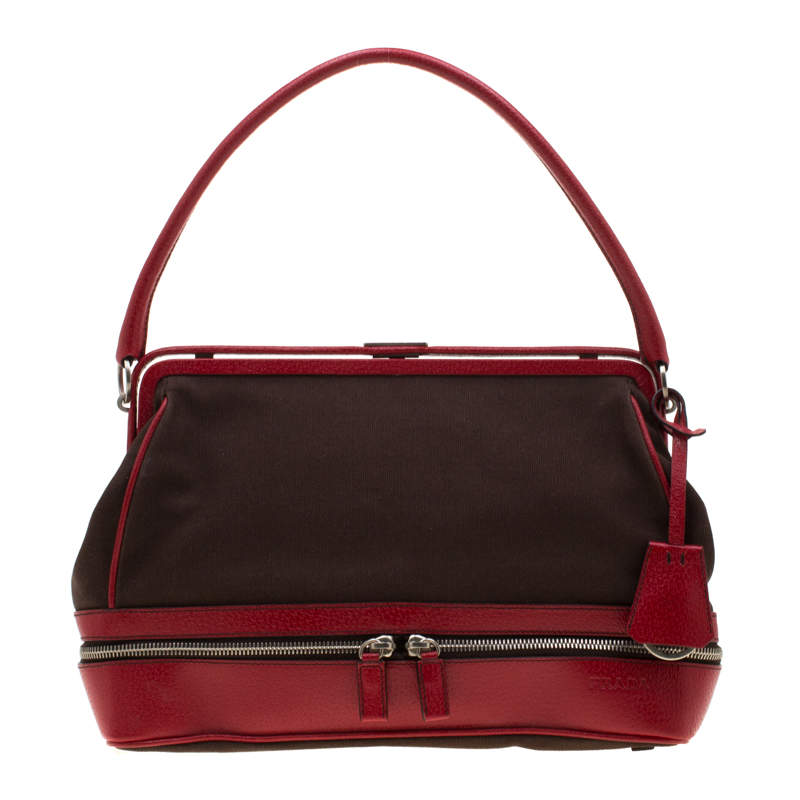 Pre Owned Prada Dark Brown/Leather Canvas and Leather Cerniera Frame Satchel