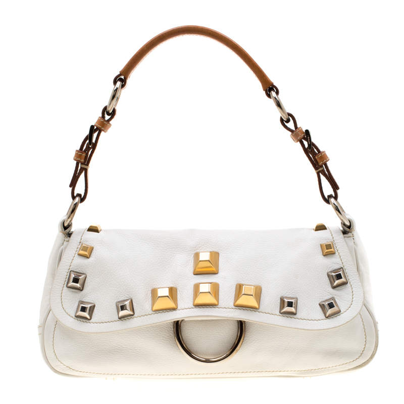 Pre Owned Prada White/Tan Leather Studded Shoulder Bag