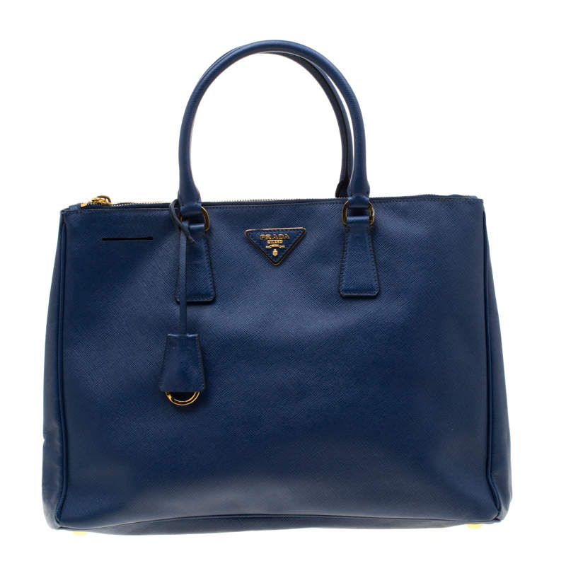 Pre Owned Prada Blue Saffiano Lux Leather Medium Double Zip Tote