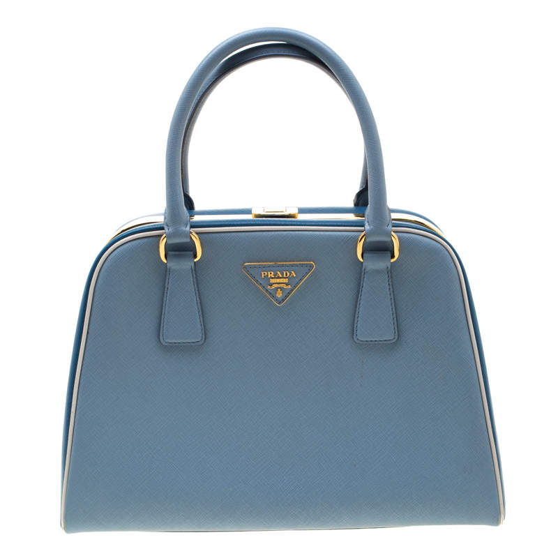 Prada Two Tone Blue Saffiano Leather Frame Top Handle Bag