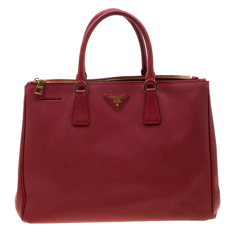 Pre Owned Prada Red Saffiano Lux Leather Large Double Zip Tote