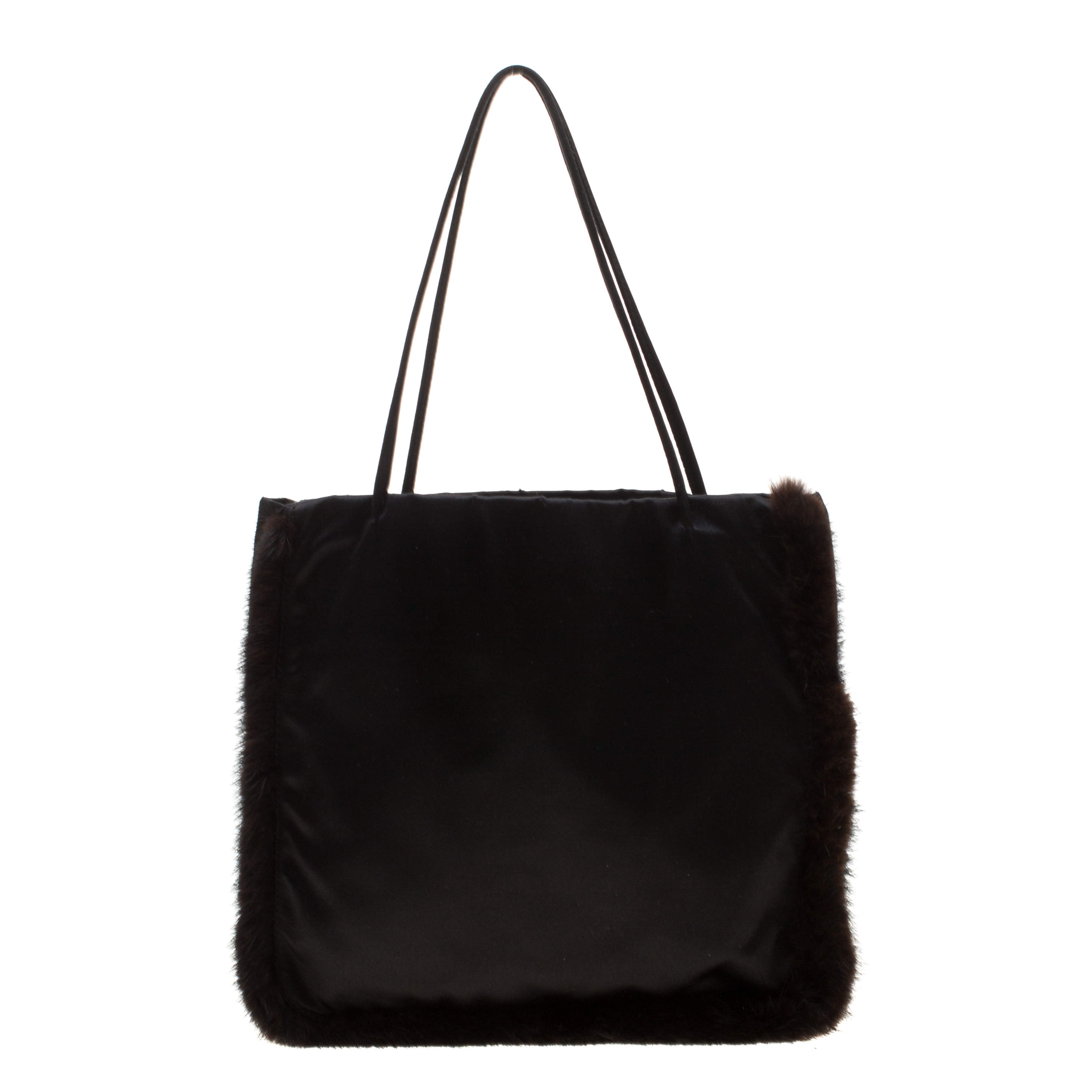 Pre Owned Prada Black Satin and Fur Trim Tote