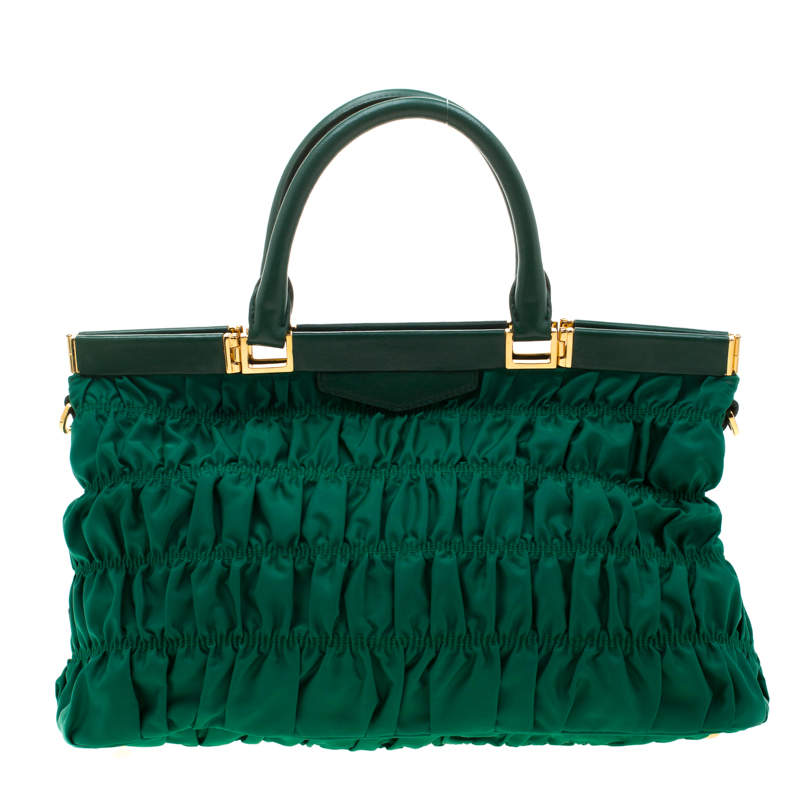 Pre Owned Prada Green Nylon and Leather Gaufre Tessuto Tote