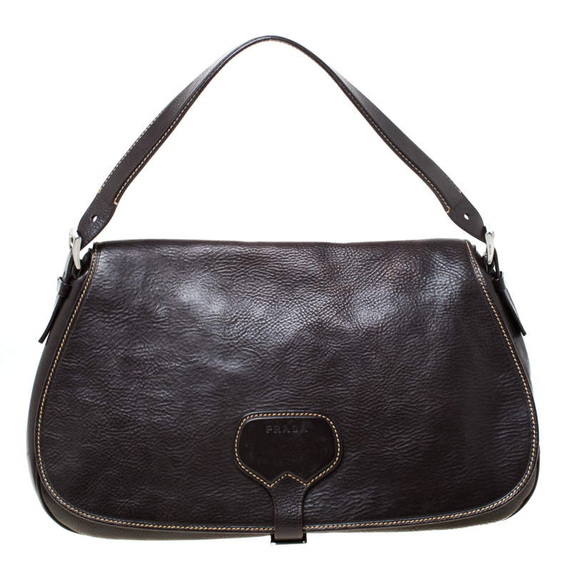Pre Owned Prada Dark Brown Leather Shoulder Bag