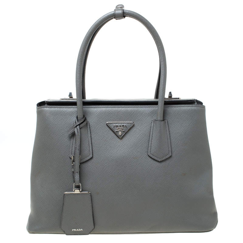 Prada Grey Saffiano Cuir Leather Twin Tote Bag