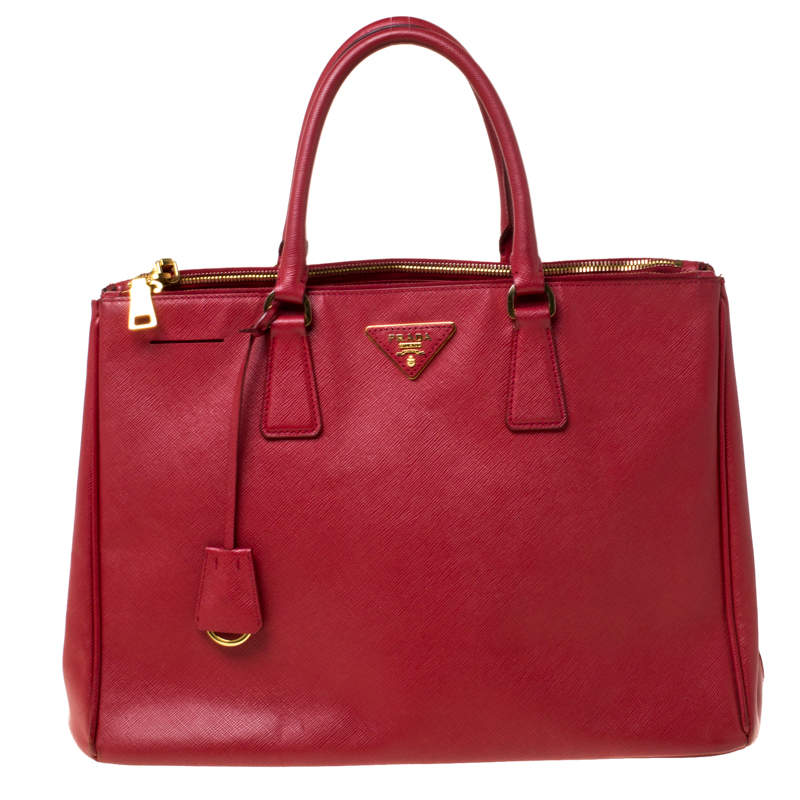 Pre Owned Prada Red Saffiano Lux Leather Large Double Zip Tote