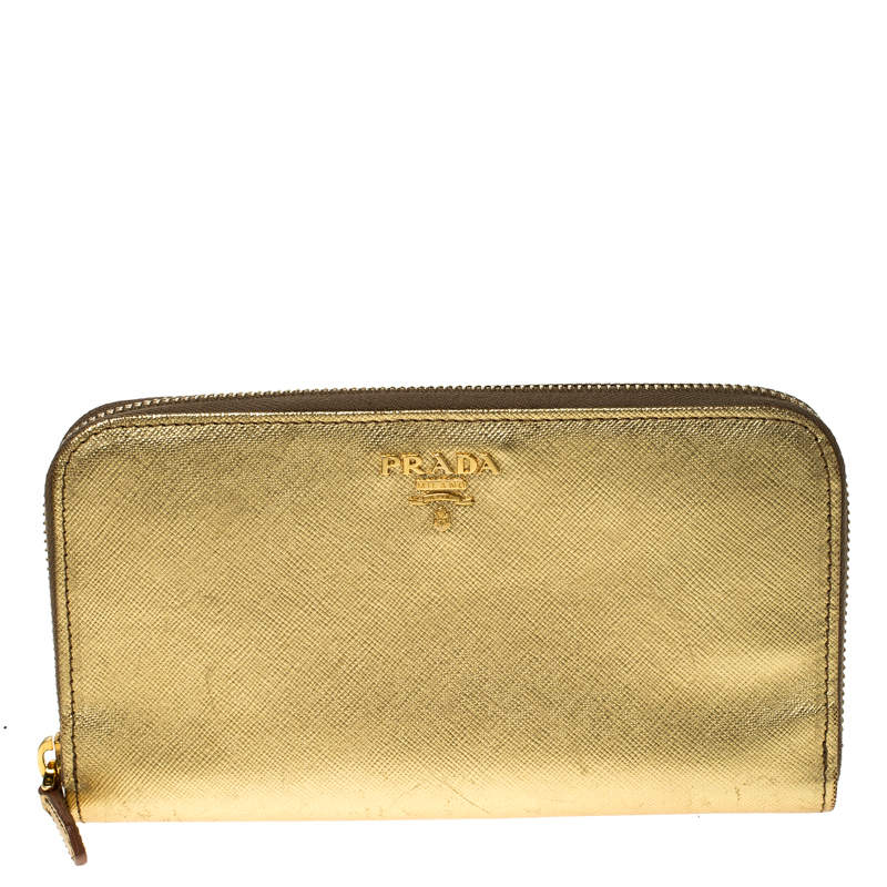 Pre Owned Prada Gold Saffiano Metal Leather Zip Around Wallet