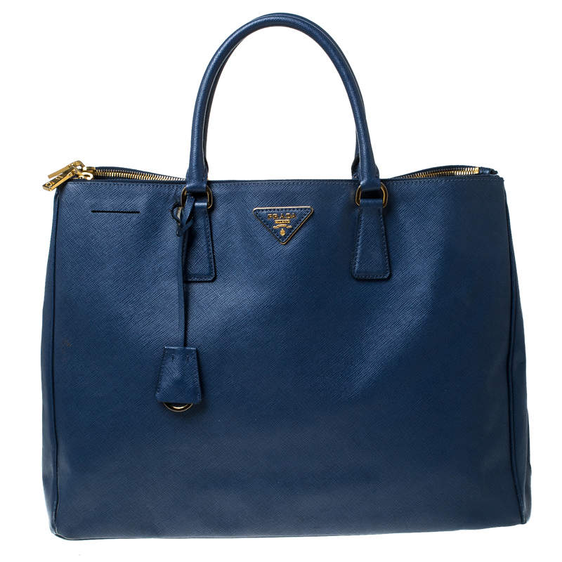 Pre Owned Prada Blue Saffiano Lux Leather Double Zip Executive Tote