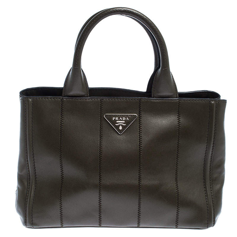 Pre Owned Prada Olive Green Soft Calf  Leather Argilla Tote