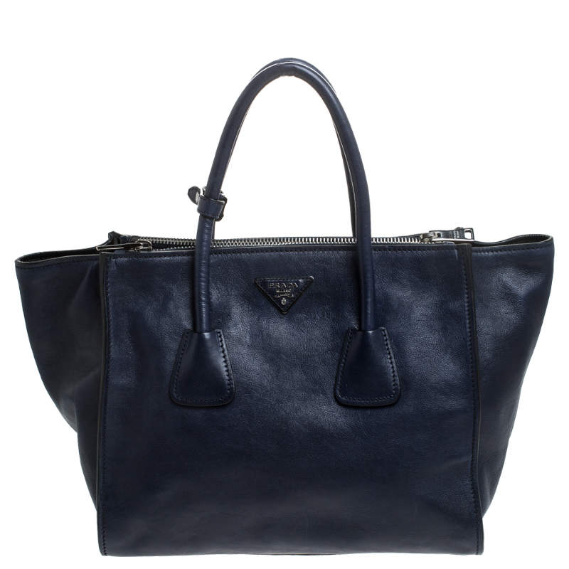 Prada Navy Blue Glace Calf Leather Twin Pocket Double Handle Tote 