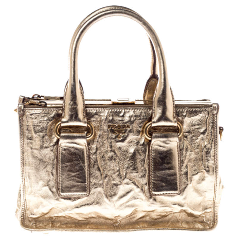 Prada Gold Patent Leather Double Zip Frame Tote