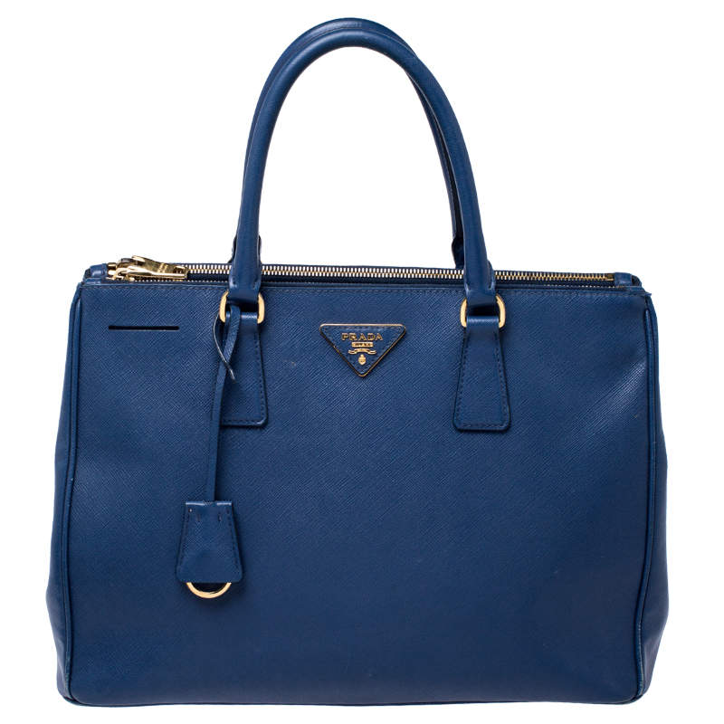 Pre Owned Prada Blue Saffiano Lux Leather Medium Double Zip Tote