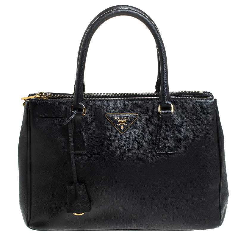 Pre Owned Prada Black Saffiano Lux Leather Small Double Zip Tote