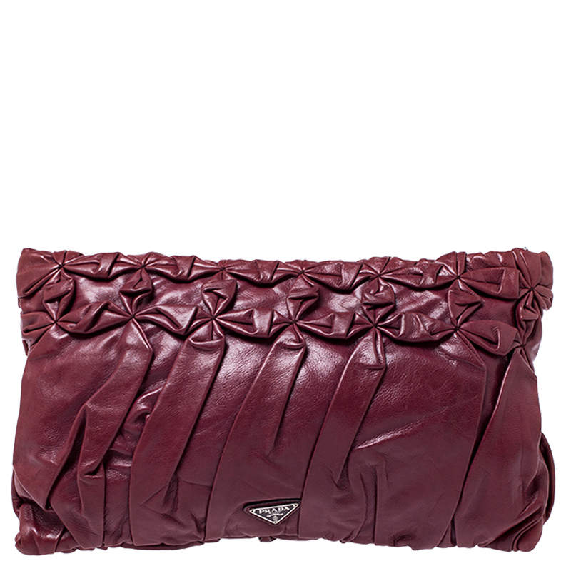 Pre Owned Prada Burgundy Nappa Gaufre Leather Clutch