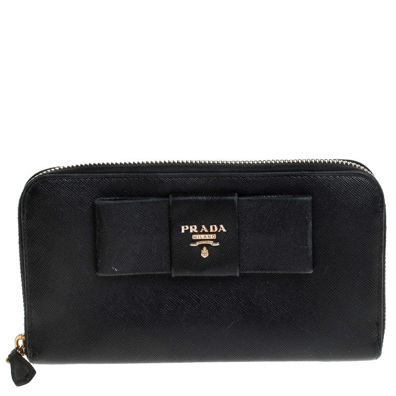 Prada Black Saffiano Lux Leather Bow Zip Around Wallet 