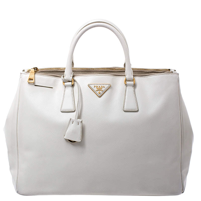 Pre Owned Prada White Saffiano Lux Leather Large Double Zip Tote