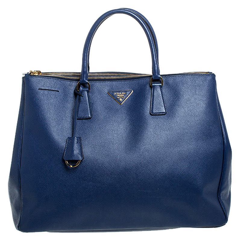Pre Owned Prada Blue Saffiano Lux Leather Executive Double Zip Tote