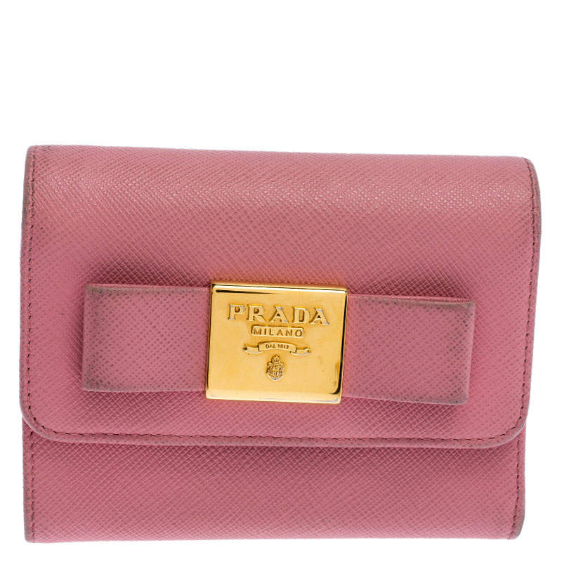 Pre Owned Prada Pink Saffiano Leather Bow Flap Trifold Wallet