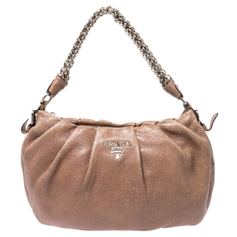 Pre Owned Prada Brown Shimmering Leather Chain Hobo
