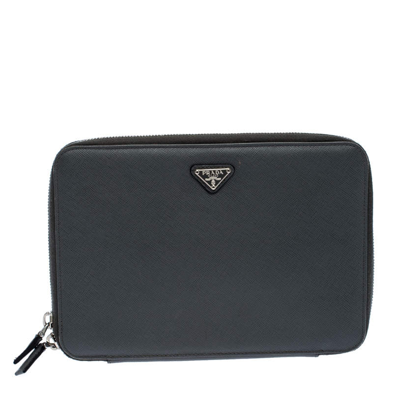 Pre Owned Prada Grey Saffiano Leather Small Zip Around Portfolio