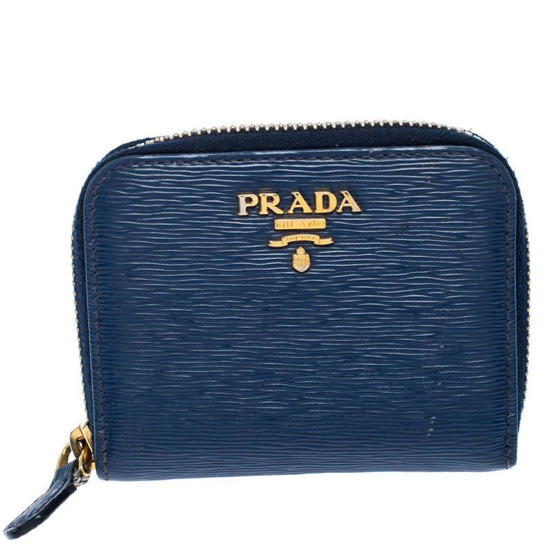  Prada Blue Leather Compact Zip Around Wallet