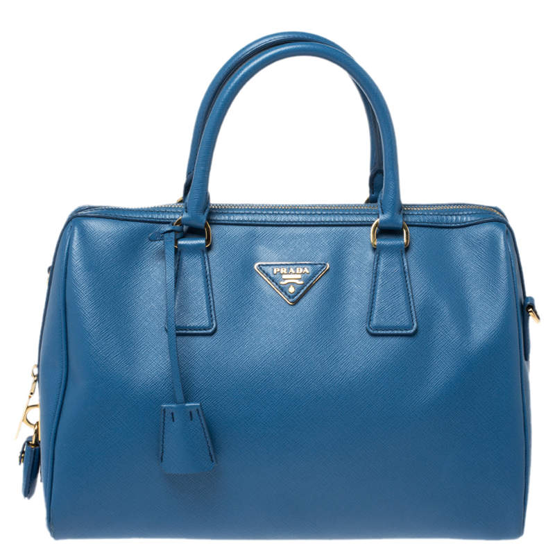 Prada Blue Saffiano Lux Leather Boston Bag