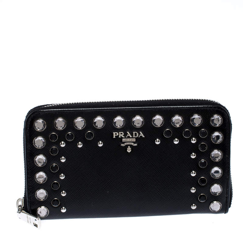 Pre Owned Prada Black Crystal Embellished Leather Zip Around Wallet