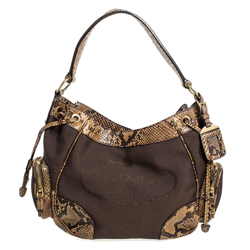 Pre Owned Prada Brown/Beige Jacquard Logo Canvas and Python Double Side Pocket Shoulder Bag