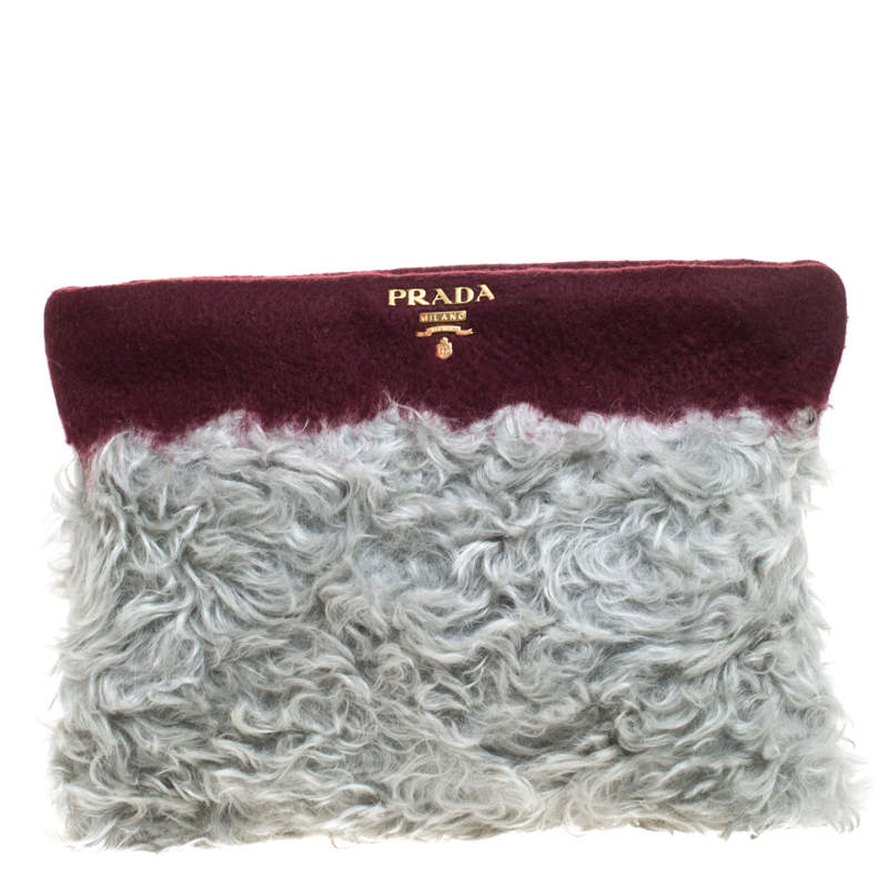 Pre Owned Prada Maroon/Grey Fur Clutch