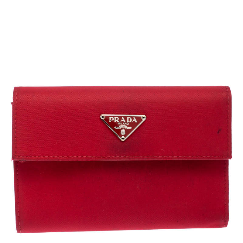 Pre Owned Prada Red Nylon Logo Trifold Wallet
