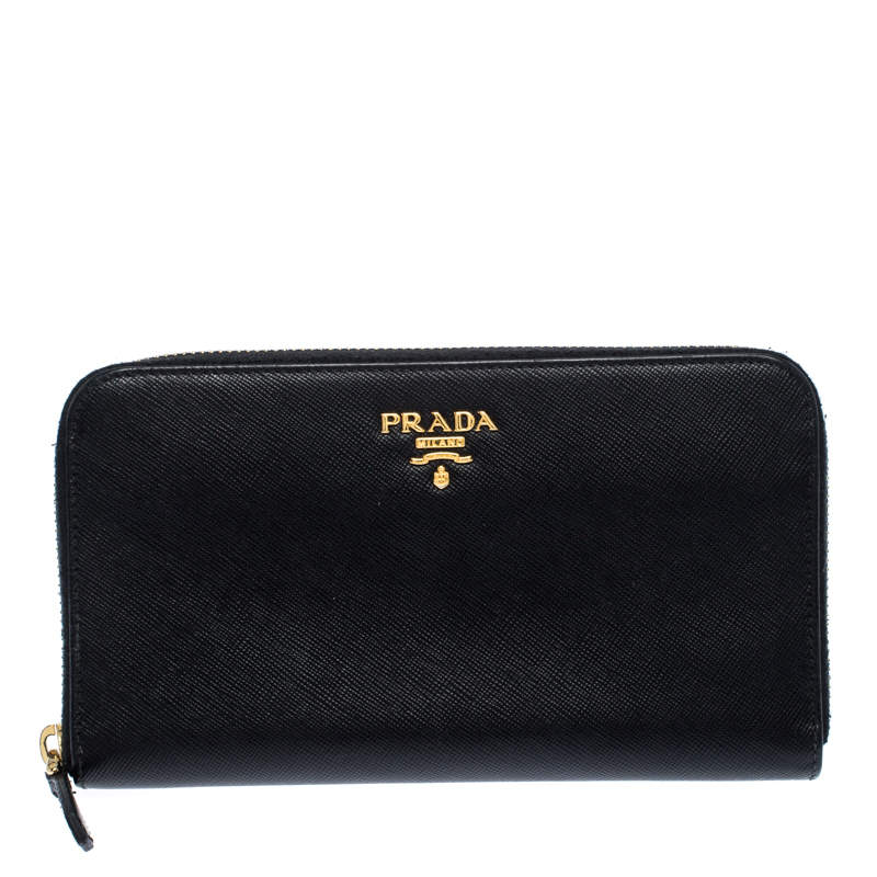 Pre Owned Prada Black Saffiano Metal Leather Zip Around Wallet