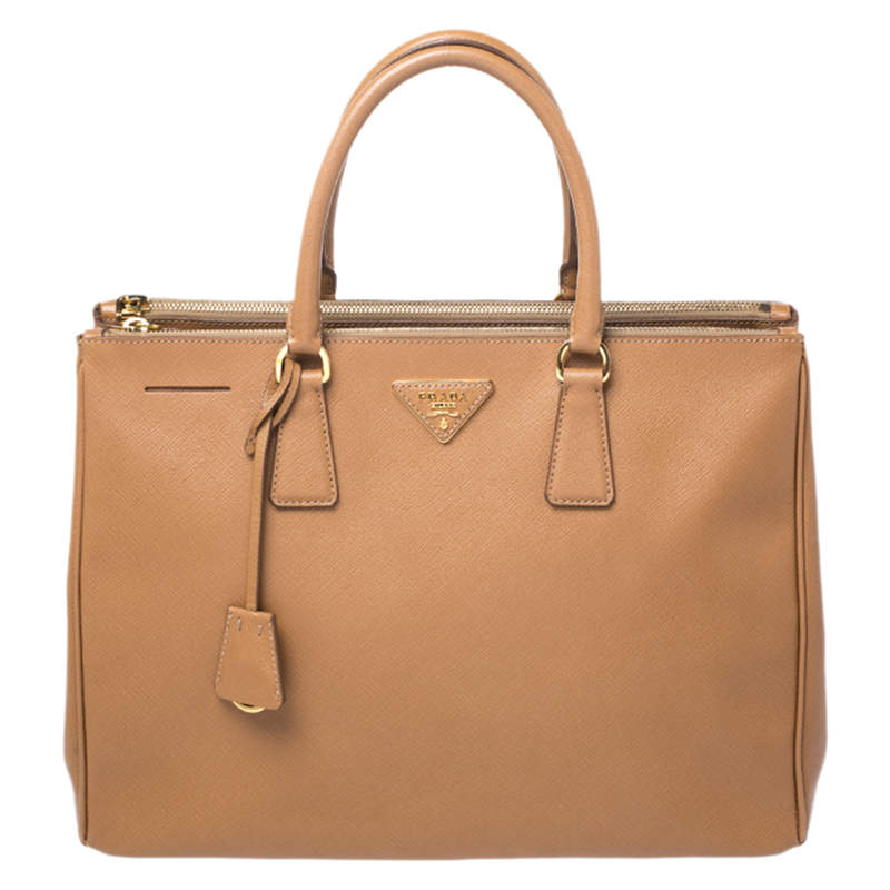 Pre Owned Prada Caramel Saffiano Lux Leather Large Double Zip Tote