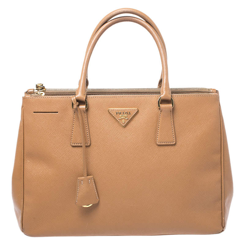 Pre Owned Prada Caramel Saffiano Lux Leather Medium Double Zip Tote
