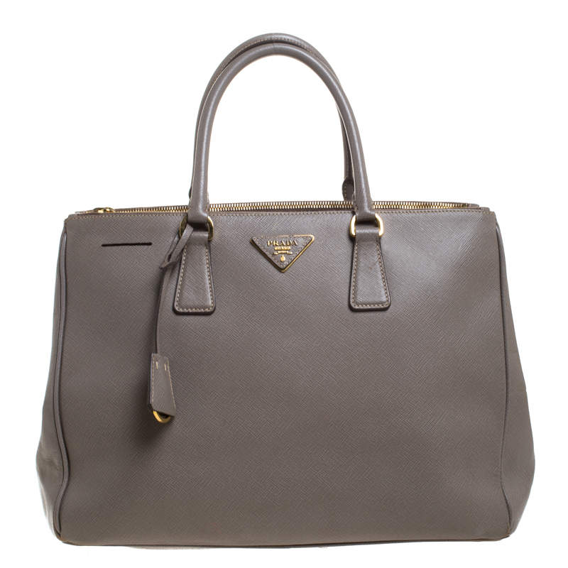 Pre Owned Prada Grey Saffiano Lux Leather Large Double Zip Tote