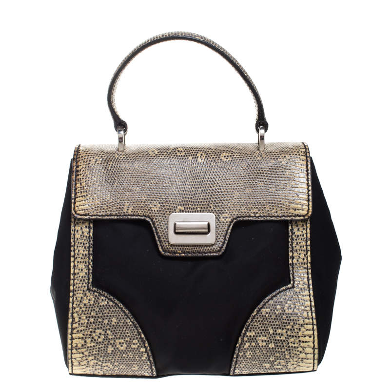 Pre Owned Prada Black/Cream Lizard, Nylon and Leather Turnlock Top Handle Bag
