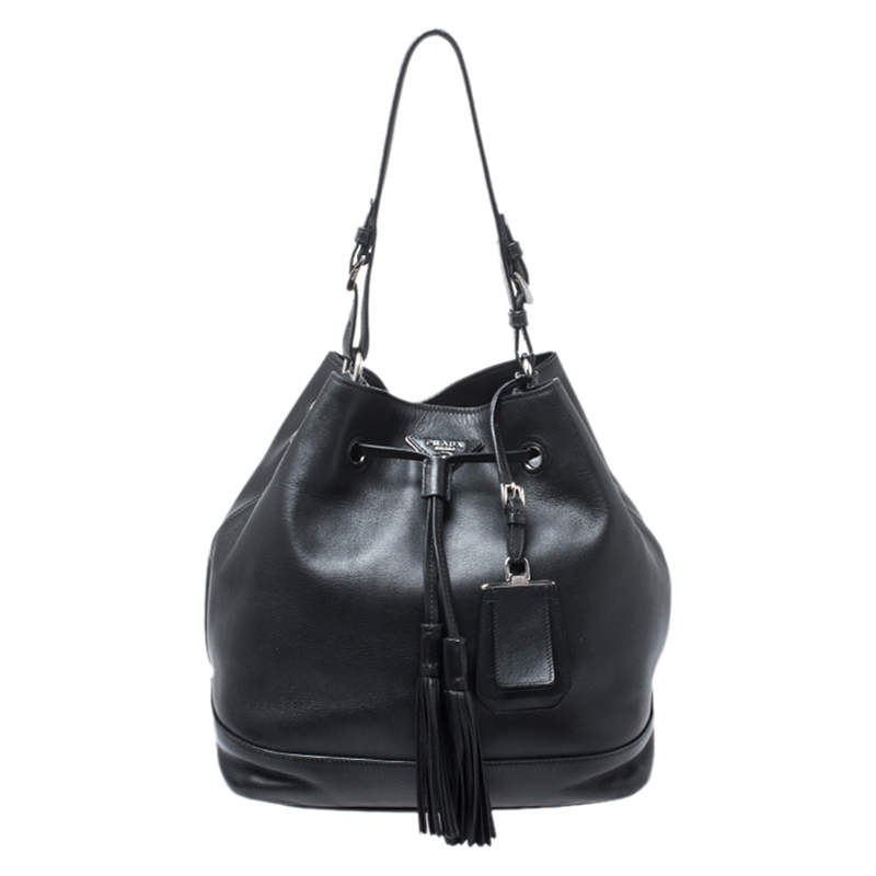 Prada Black Leather Drawstring Bucket Bag