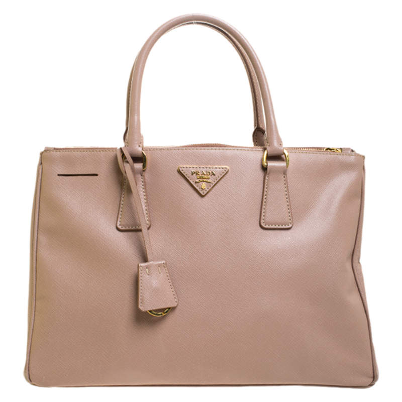 Pre Owned Prada Nude Beige Saffiano Lux Leather Medium Double Zip Tote