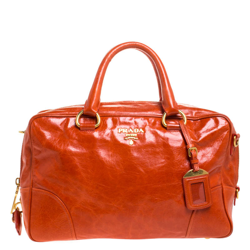 Pre Owned Prada Orange Glazed Leather Bauletto Satchel