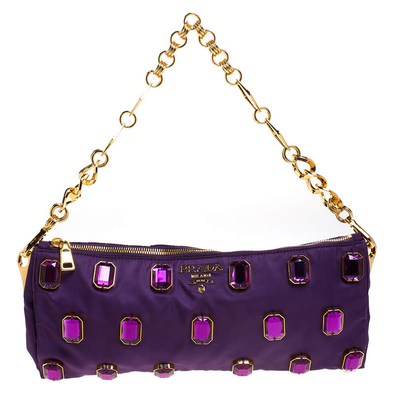 Pre Owned Prada Purple Satin Jeweled Chain Clutch