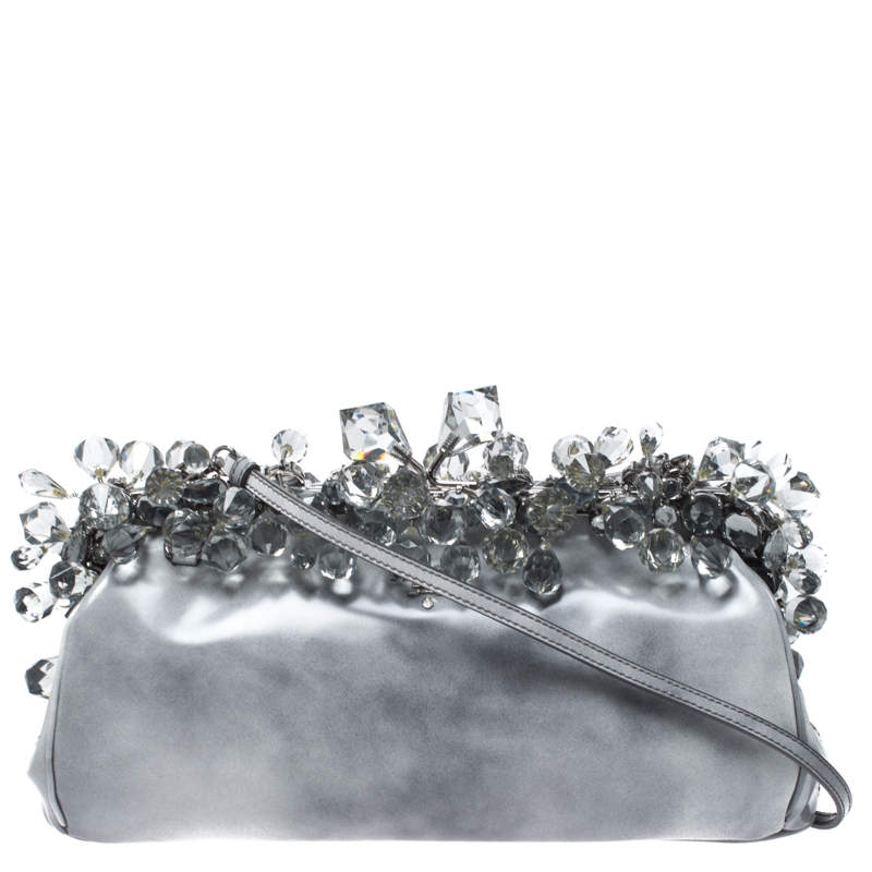 Pre Owned Prada Grey Patent Leather Crystal Encrusted Chain Clutch