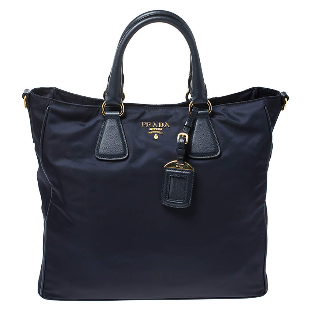 Prada Tessuto Nylon Saffiano Leather Tote Bag Blue