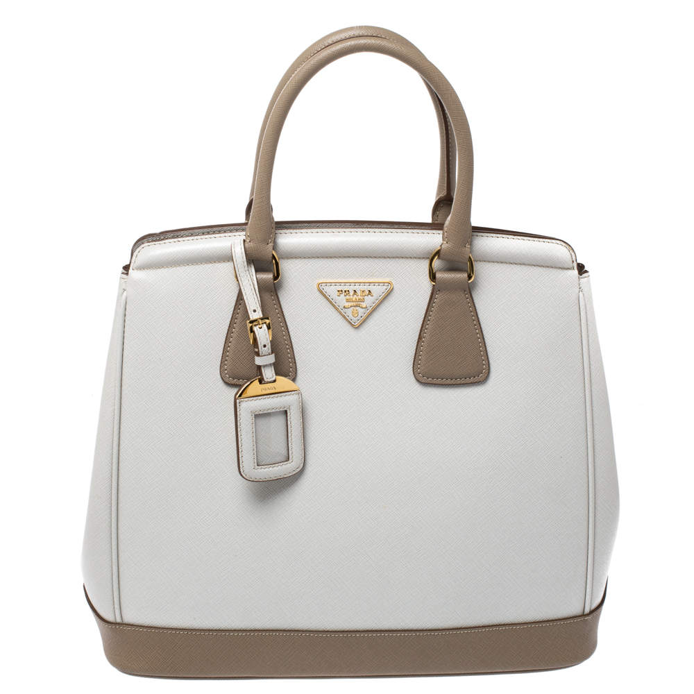 Pre Owned Prada Beige/White Saffiano Lux Leather Parabole Shopping Tote