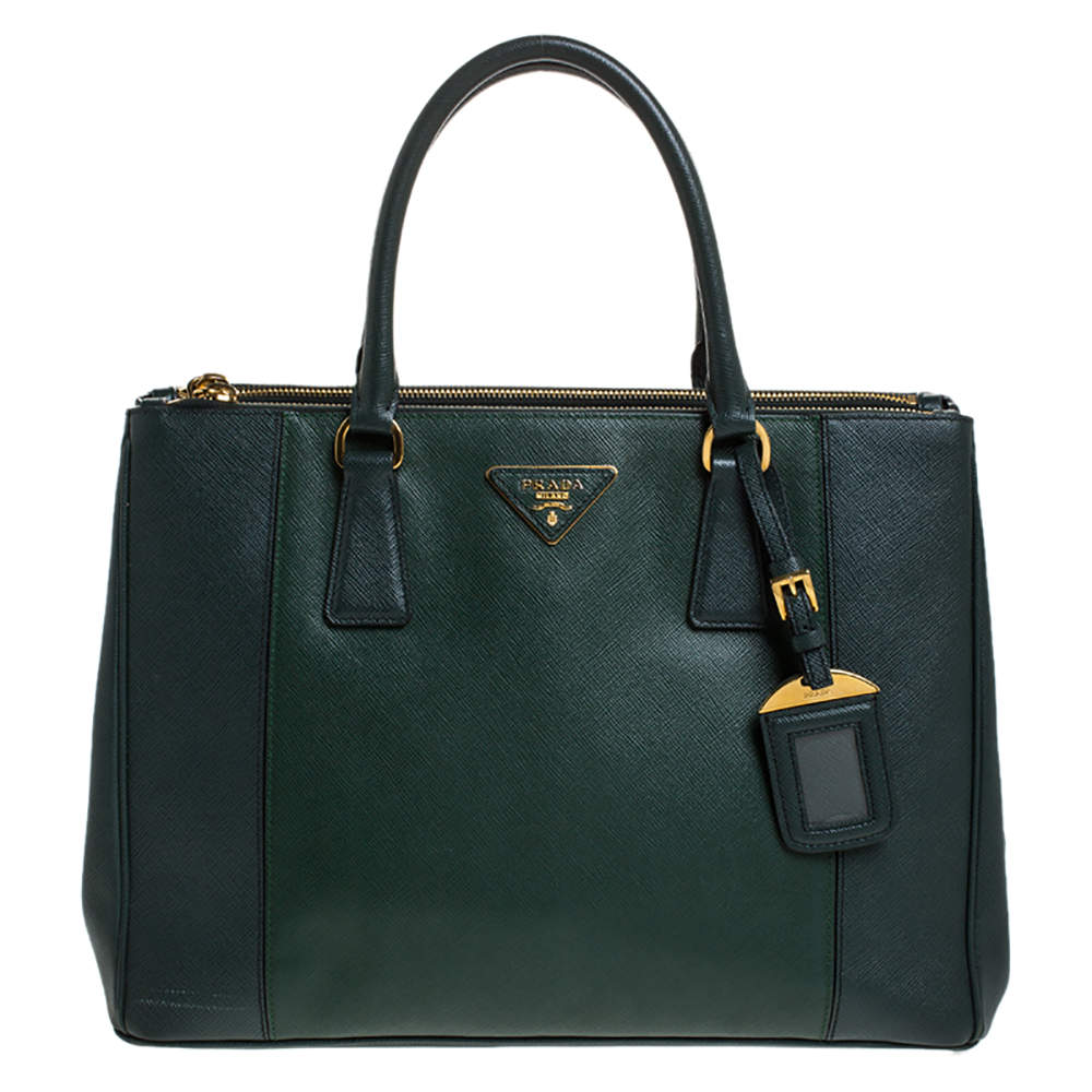 Pre Owned Prada Green Bicolor Saffiano Lux Leather Medium Double Zip Tote