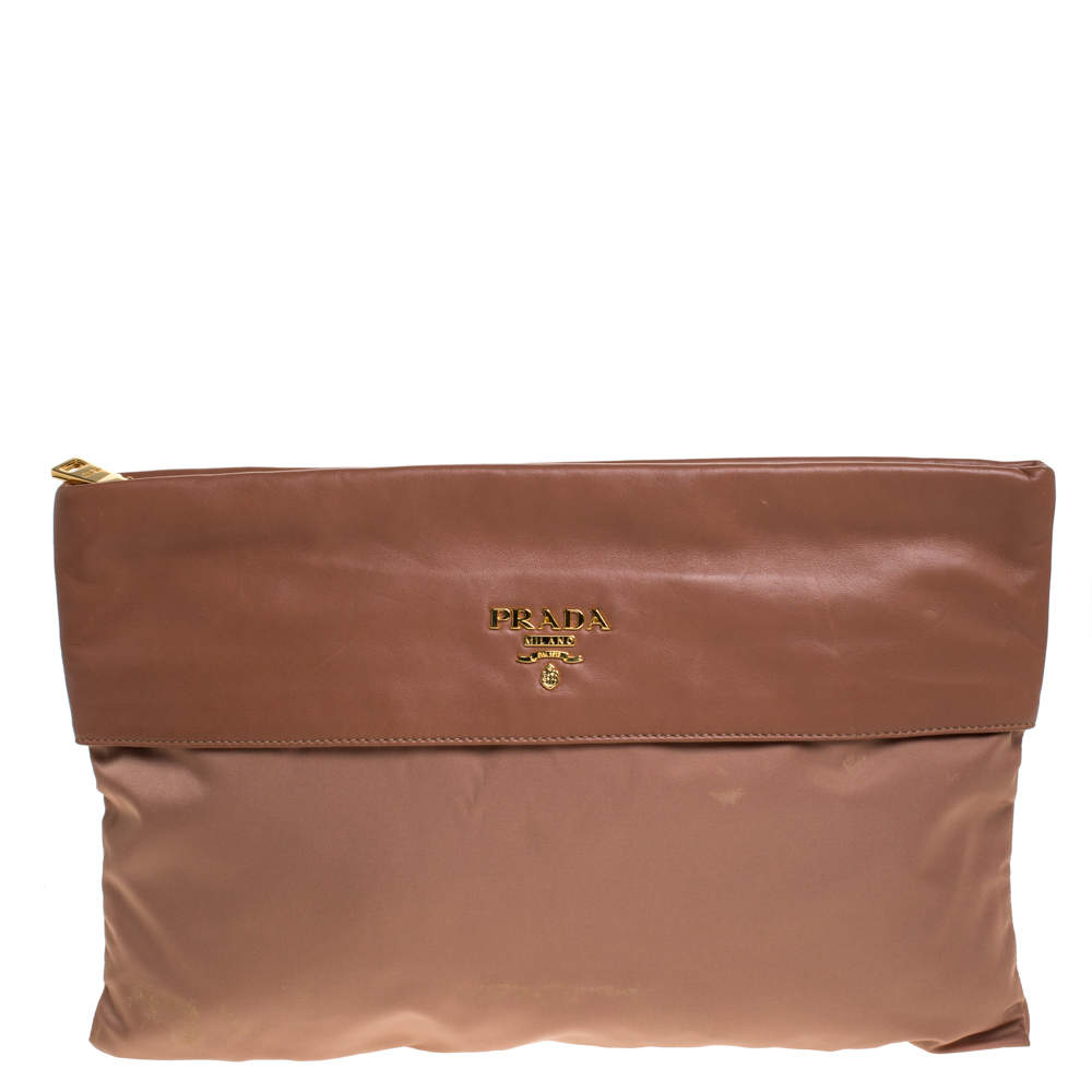 Pre Owned Prada Old Rose Nylon and Leather Oversize Clutch